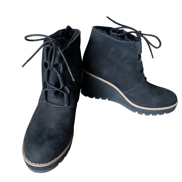 Eileen Fisher Alpine Shearing Leather Lace-Up Wedge Booties Women's 8.5 Black